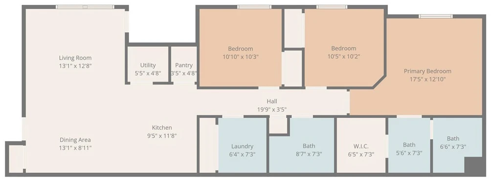 Floor plan showing living room, dining area, kitchen, three bedrooms, two baths, laundry, pantry and utility rooms with dimensions
